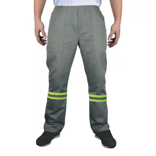 Calça Brim Pesado Cinza Uniforme Profissional com Faixa Refletiva